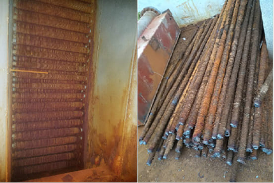 Pictures of conventional fin tube condensers after using them for a period of time